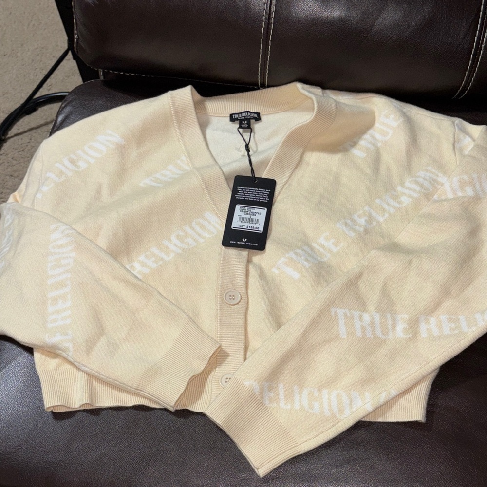 True Religion cream Women's crop button down Cardigan NWT L